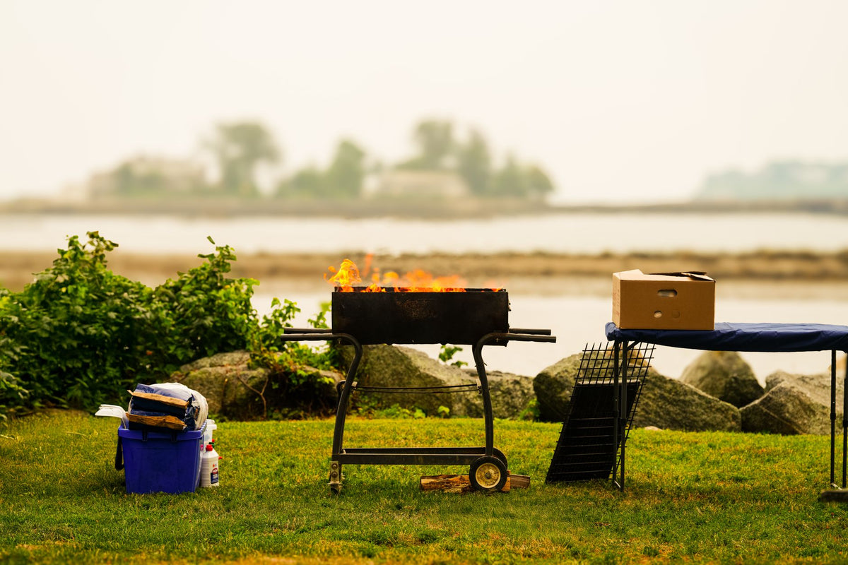Morning barbeque setup by the water at Cove Island Park in Stamford, Connecticut.