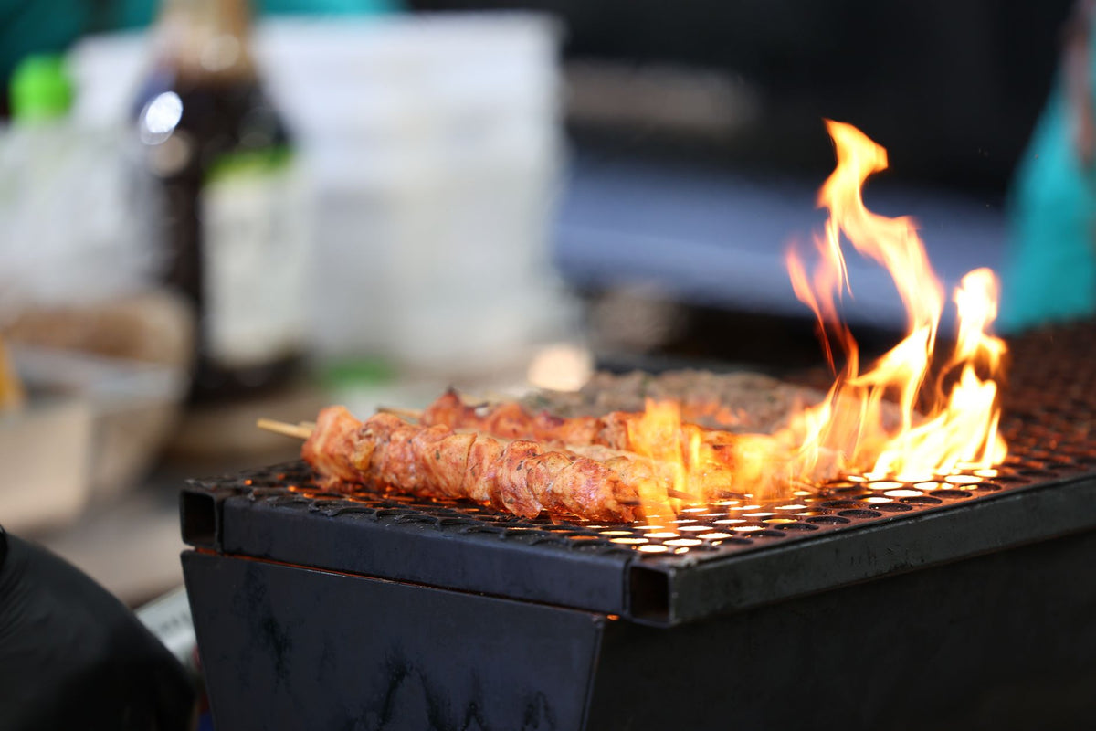 Close-up of kebab skewers grilling on barbecue with flames, Foz do Iguaçu.