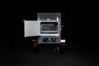 Southern Pride MLR-150 Mobile trailer-mounted gas rotisserie smoker, doors open showing the rotisserie racks