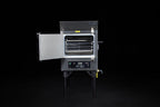 Southern Pride MLR-150 commercial gas rotisserie smoker, with the cabinet open showing the rotisserie rack system