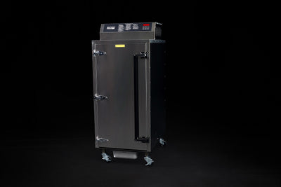 Southern Pride SC-300 commercial electric smoker, front three-quarter view on casters