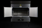 Southern Pride SP-700 commercial gas rotisserie smoker with doors open showing the rotisserie rack system