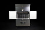 Southern Pride SPK-1400 commercial gas rotisserie smoker, with the cabinet open showing the rotisserie rack system
