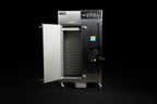 Southern Pride SRG-400 gas smoker with cabinet door open showing stainless steel product racks