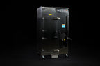 Southern Pride SRG-400 gas smoker, angled view showing firebox door and control panel