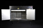 Southern Pride SRG-800 commercial gas smoker with doors open showing the stainless steel product racks