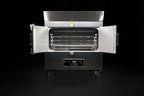 Southern Pride SPK-500 commercial gas rotisserie smoker with doors open showing the rotisserie rack system