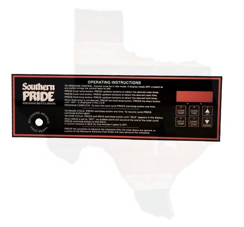 415024 Southern Pride Cook & Hold Control Panel Mylar Overlay